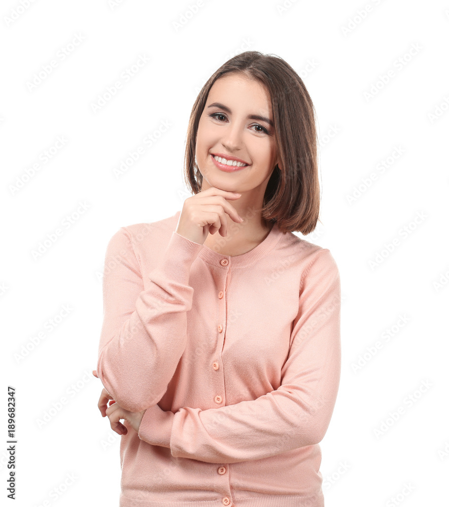 Portrait of young smiling woman on white background Portrait of young smiling woman on white background