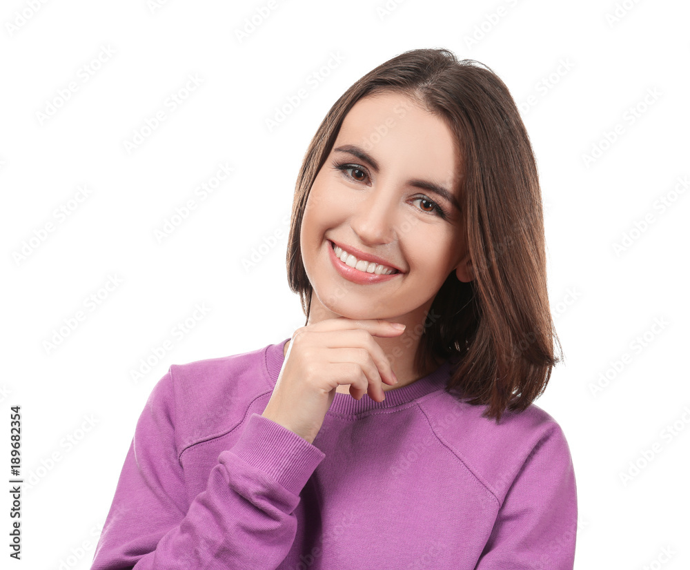 Portrait of young smiling woman on white background Portrait of young smiling woman on white background