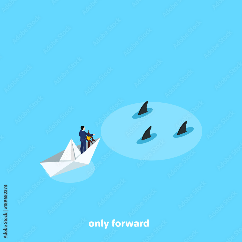 a man in a business suit sails on a paper boat to a meeting of dangers, an isometric image