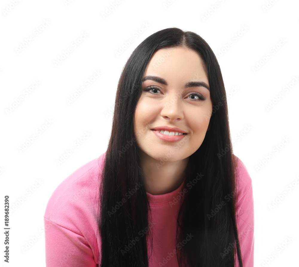 Portrait of young smiling woman on white background Portrait of young smiling woman on white background