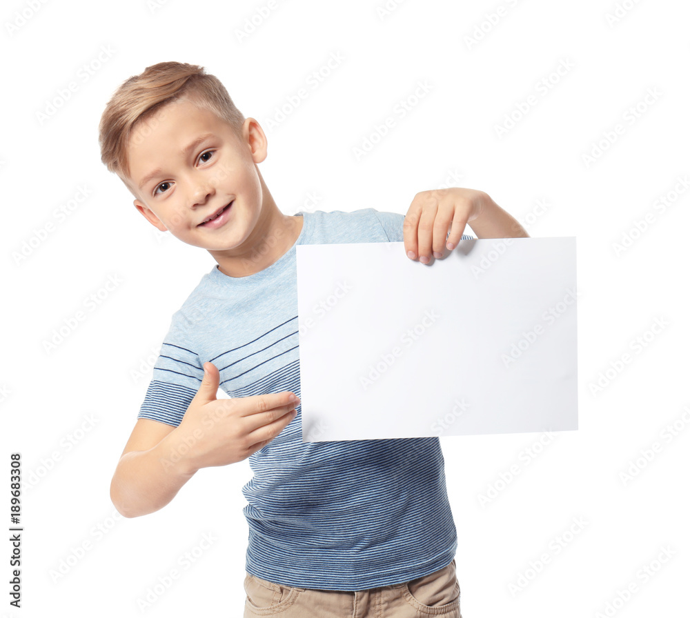 Cute boy with blank sheet of paper for advertising on white background Cute boy with blank sheet of paper for advertising on white background