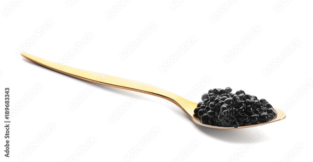 Black caviar in spoon on white background - obrazy, fototapety, plakaty 