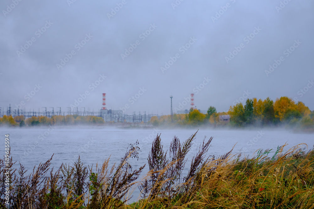 River view near a nuclear power plant.