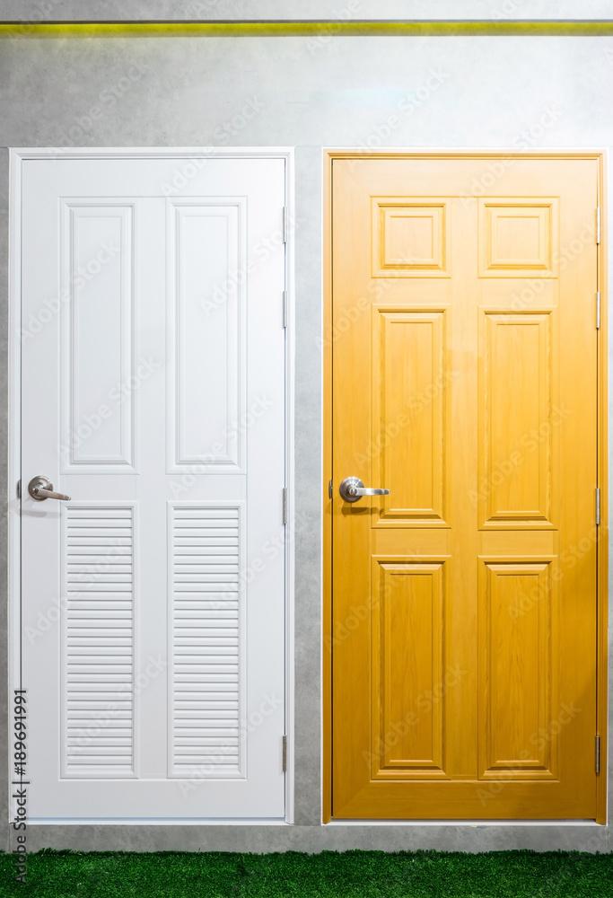 Interior of a room with wooden and white doors