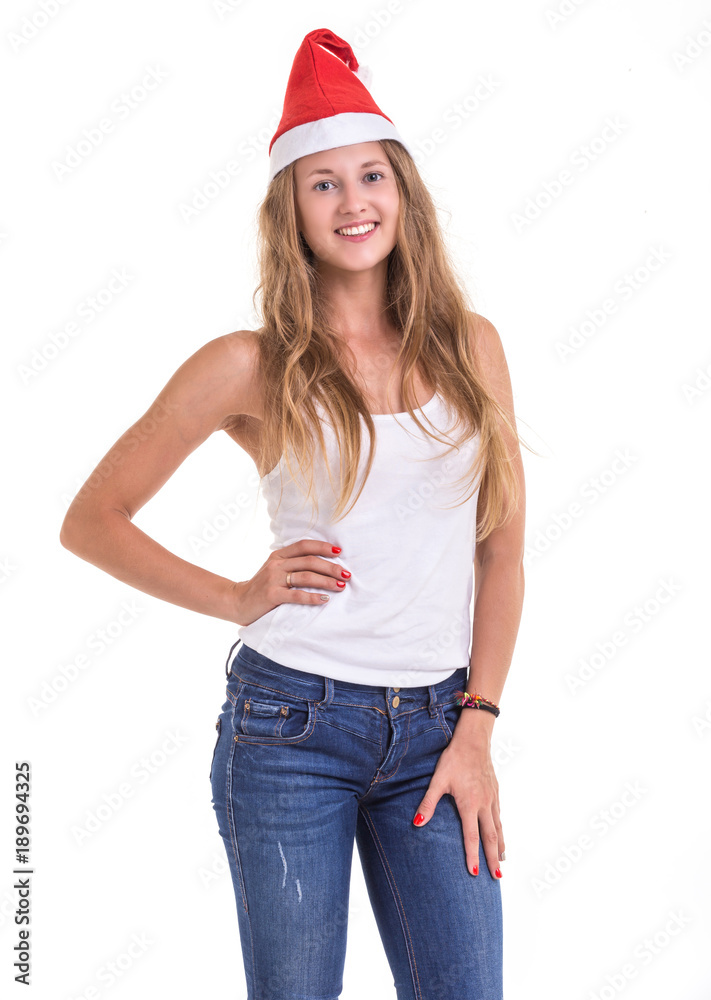 Christmas and New Year concept : Portrait Portrait beautiful caucasian woman. Studio shooting isolated on white Christmas and New Year concept : Portrait Portrait beautiful caucasian woman. Studio shooting isolated on white