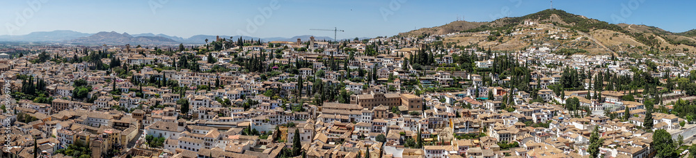 Panorama Aerial view of the city of Granada, Albaycin , viewed from the Alhambra palace in Granada, Spain, Europe