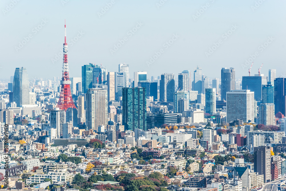 Asia Business concept for real estate and corporate construction - panoramic modern city skyline bird eye aerial view of tokyo tower under blue sky in Tokyo, Japan