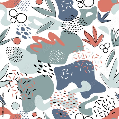 Abstract seamless pattern with chaotic painted elements. Vector Hand drawn texture with different lines, dots and shapes. Creative universal artistic Fun background in Scandinavian style.