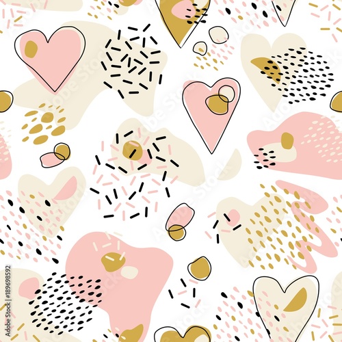 Abstract  Cute seamless pattern with chaotic painted Hearts. Valentine's day vector texture with hand drawn Hearts and with different lines, dots and shapes.