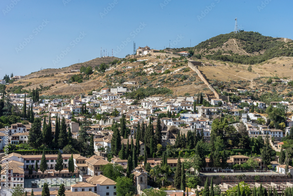 Hillside view of the city of Granada, Albaycin , viewed from the Alhambra palace in Granada, Spain, Europe