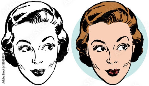 A portrait of a woman's face with a pursed lips smile.