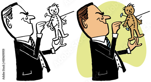 A man gleefully sticking pins into a voodoo doll.