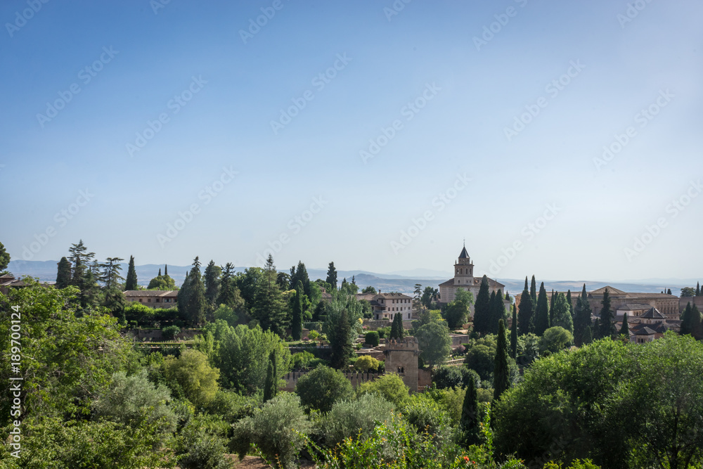 View of the bell tower of the Alhambra and tha palace from the Generalife gardens in Granada, Spain, Europe