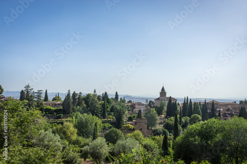 View of the bell tower of the Alhambra and tha palace from the Generalife gardens in Granada, Spain, Europe