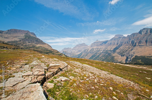 Logan Pass as seen from Hidden Lake hiking trail in Glacier National Park during the 2017 fall fires in Montana United States