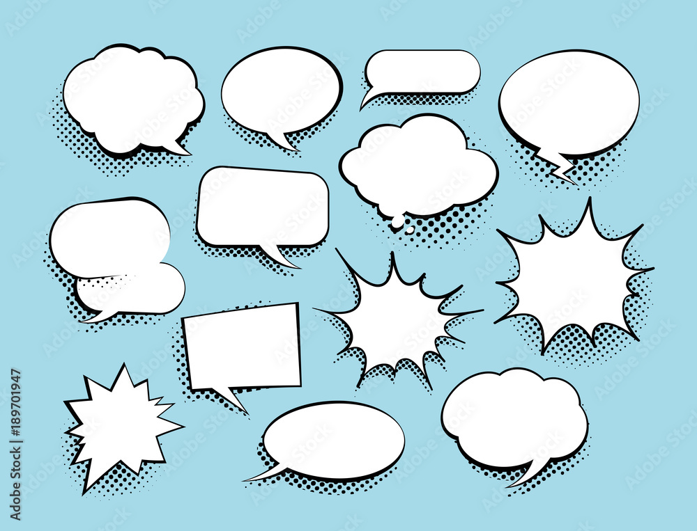 Set of comic art speech bubbles with halftone. Vector illustration - obrazy, fototapety, plakaty 