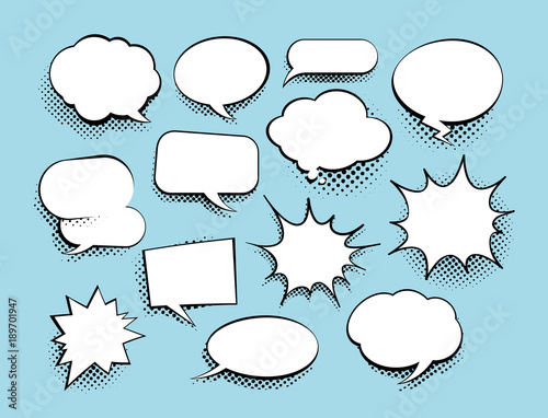 Set of comic art speech bubbles with halftone. Vector illustration