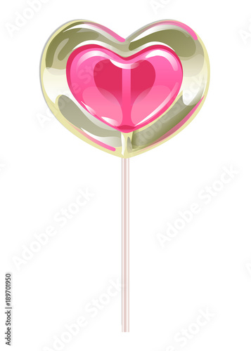 Romantic lollipop in the shape of a heart. Sweetness for Valentines day. Vector illustration.