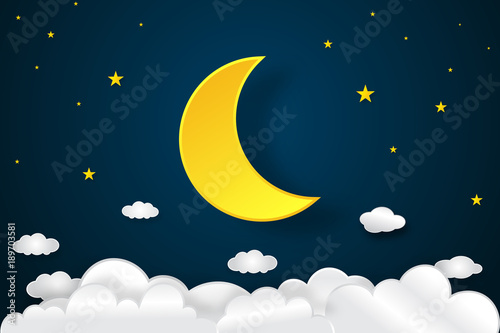 Big half moon, clouds and stars in the dark night as paper art and craft style concept. vector illustrator.