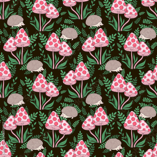 Vector seamless pattern with mushrooms grebes and hedgehog on a dark background