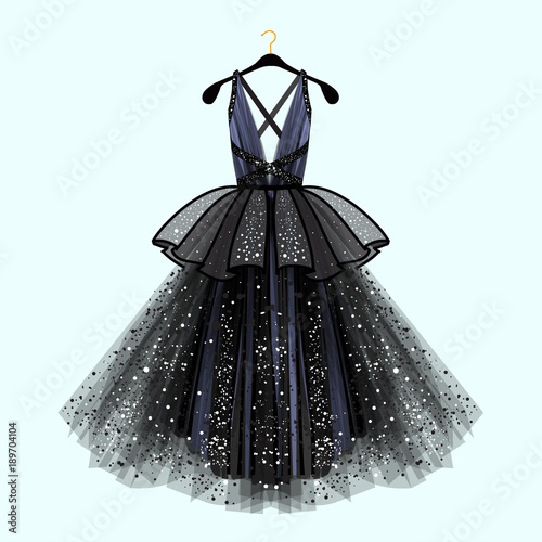 Gorgeous party dress. Party dress with fancy decor.Fashion illustration