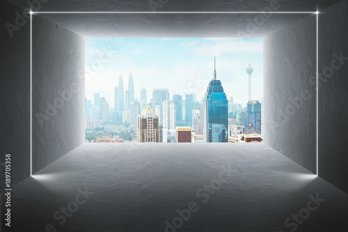 Empty space cement wall and floor with beautiful outdoor cityscape open window design .