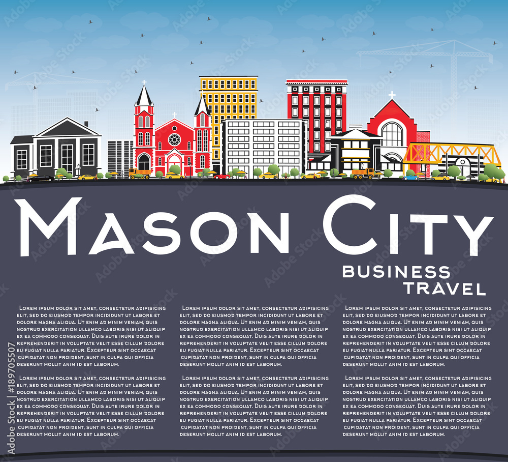 Mason City Iowa Skyline with Color Buildings, Blue Sky and Copy Space.