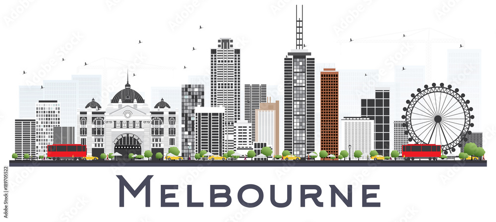 Fototapeta premium Panoramę miasta Melbourne w Australii z szarymi budynkami na białym tle.
