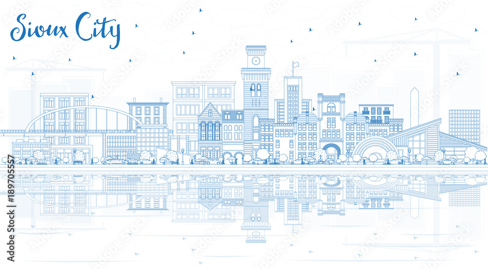 Outline Sioux City Iowa Skyline with Blue Buildings and Reflections. Outline Sioux City Iowa Skyline with Blue Buildings and Reflections.