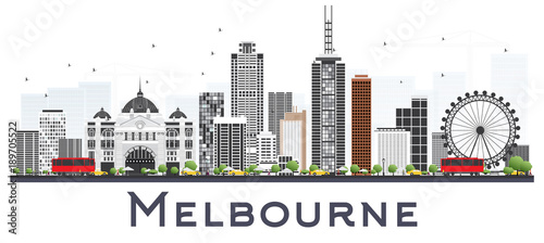 Melbourne Australia City Skyline with Gray Buildings Isolated on White Background.