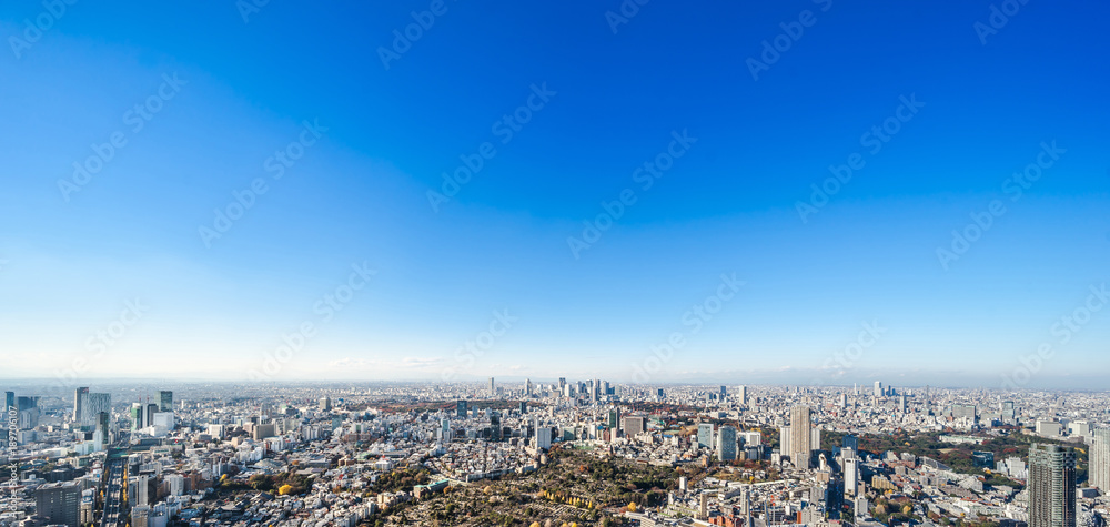 Obraz premium Asia Business concept for real estate and corporate construction - panoramic modern city skyline bird eye aerial view of Shinjuku & Shibuya under blue sky in Roppongi Hill, Tokyo, Japan