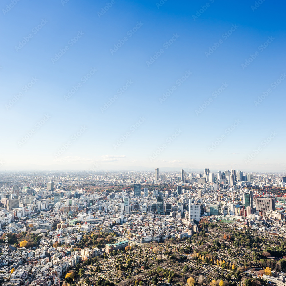 Asia Business concept for real estate and corporate construction - panoramic modern city skyline bird eye aerial view of Shinjuku & Shibuya under blue sky in Roppongi Hill, Tokyo, Japan