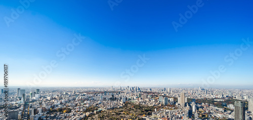 Asia Business concept for real estate and corporate construction - panoramic modern city skyline bird eye aerial view of Shinjuku   Shibuya under blue sky in Roppongi Hill  Tokyo  Japan