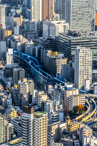 Asia Business concept for real estate and corporate construction - panoramic modern city skyline bird eye aerial view of Odaiba & Tokyo Metropolitan Expressway junction in Roppongi Hill, Tokyo, Japan