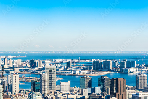 Asia Business concept for real estate and corporate construction - panoramic modern city skyline bird eye aerial view of Odaiba & Tokyo Metropolitan Expressway junction in Roppongi Hill, Tokyo, Japan