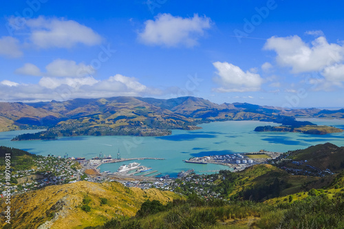 Beautiful view of Lyttelton Port and Harbour from the Christchurch Gondola Station  at the top of the Port Hills, Christchurch, Canterbury, New Zealand. © azami