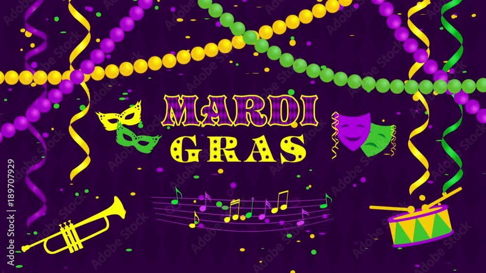 Mardi Gras Animation with masks and confetti. Motion graphics