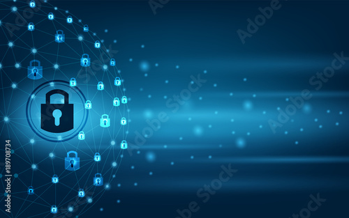 Earth sphere network lock security system background Communications network map of the world Blue map Dark blue background map world vector global logistics network
