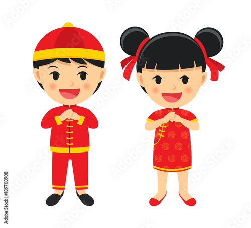 Happy chinese new year boy and girl in traditional clothes celebrate. Set of character cartoon isolated on white background.
