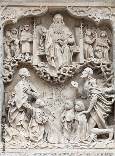 14th century gothic St. Elisabeth Church, relief on facade, Market Square, Wroclaw, Poland.