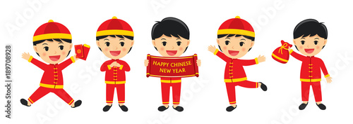 Happy chinese new year boy in traditional clothes celebrate. Set of character cartoon isolated on white background.