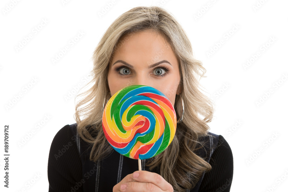 Woman Holding Rainbow Lollipop