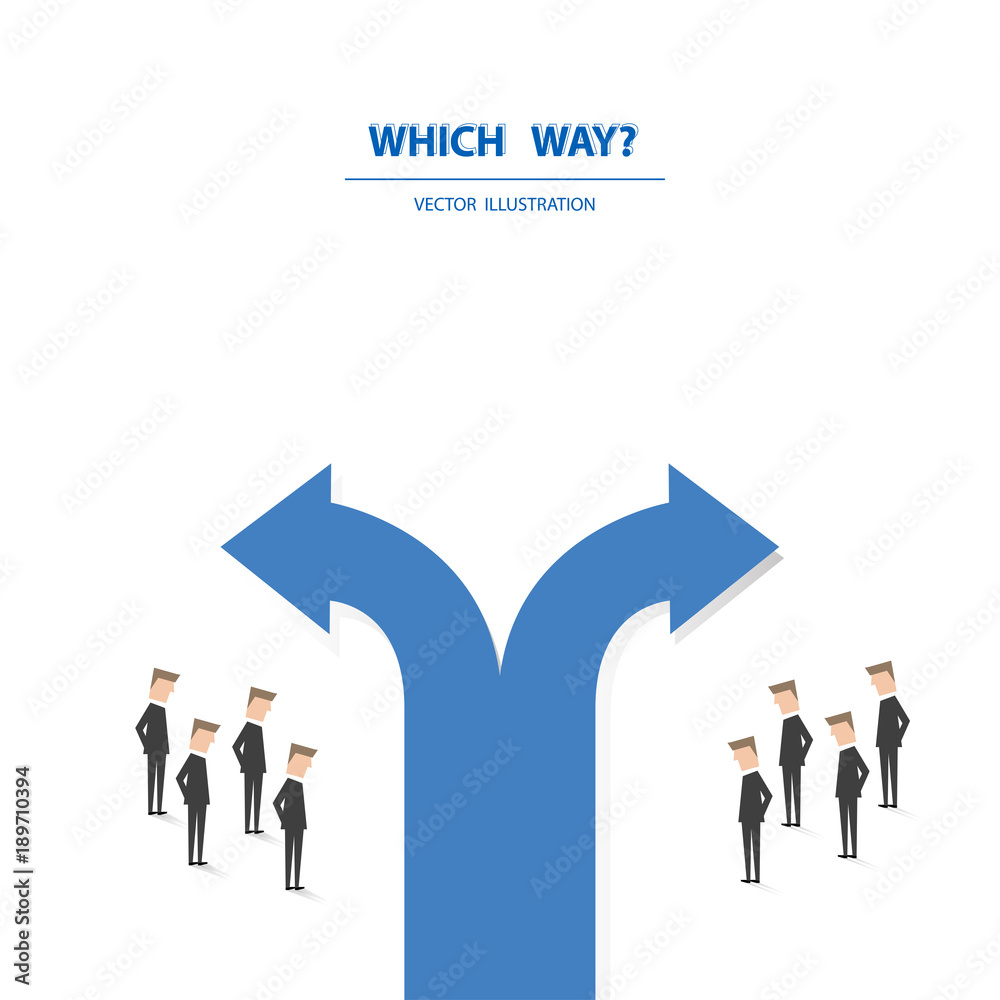 Business team in the different way and have to make decision. Business concept of leadership, vision, mission or ambitions. Vector illustration. Business team in the different way and have to make decision. Business concept of leadership, vision, mission or ambitions. Vector illustration.