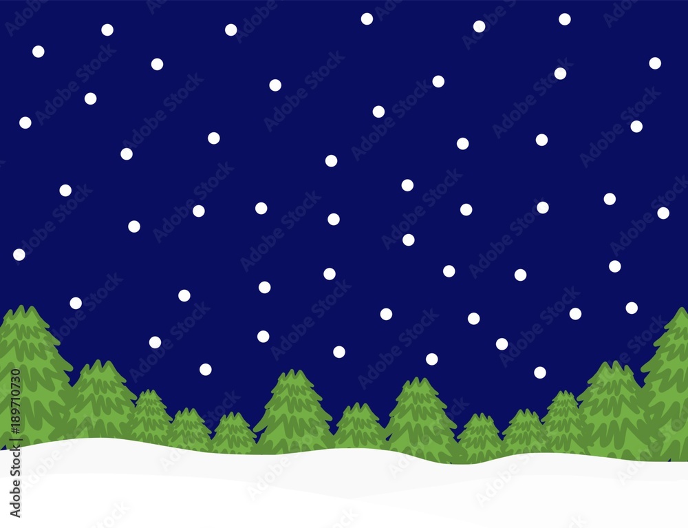 winter season, abstract hand draw doodle many tree on snow landscape at night time, illustration