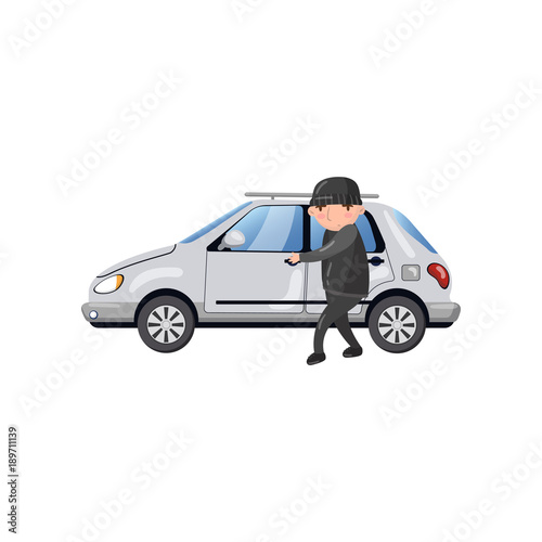 Professional car thief character stealing and breaking car door, auto insurance concept cartoon vector Illustration © Happypictures