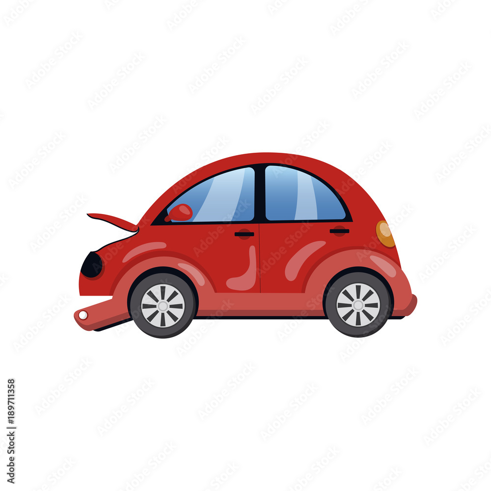 Red car damaged in a road accident cartoon vector Illustration