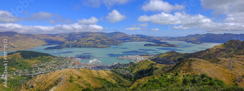 Beautiful panoramic view of Lyttelton Port and Harbour from the Christchurch Gondola Station  at the top of the Port Hills, Christchurch, Canterbury, New Zealand.