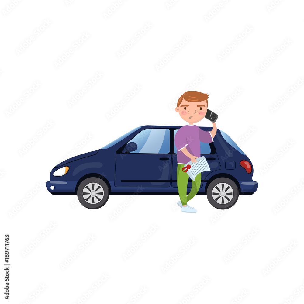 Man holding insurance document and talking by phone while standing in front of blue car, showing paper document, car insurance concept cartoon vector Illustration Man holding insurance document and talking by phone while standing in front of blue car, showing paper document, car insurance concept cartoon vector Illustration