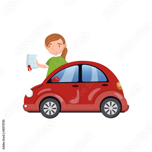 Woman standing behind of red car and showing paper document, car insurance concept cartoon vector Illustration