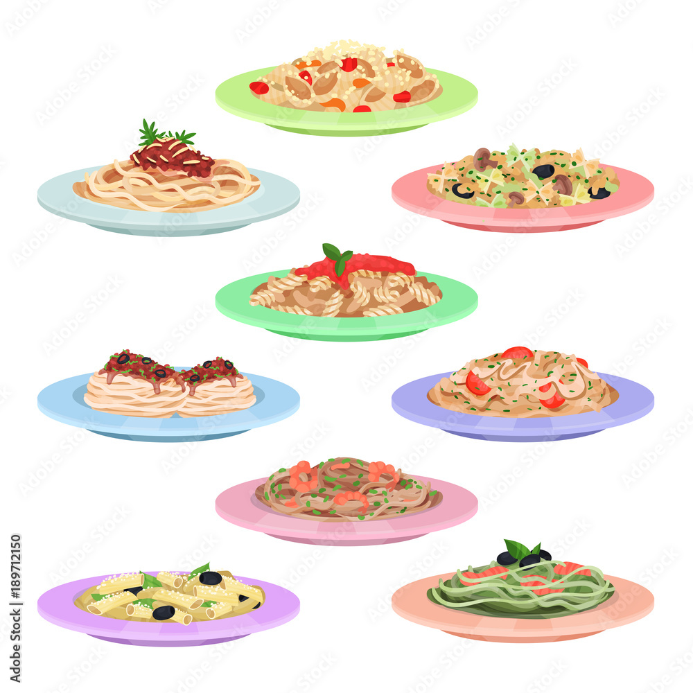 Italian pasta set, spaghetti dishes on plates cartoon vector Illustrations  Stock Vector